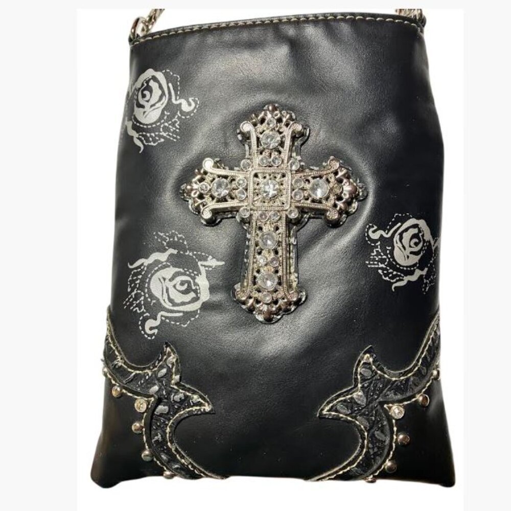 Rustic Coutures Crossbody Faux Leather Black Pouch with Silver Cross OS GUC - Picture 3 of 7
